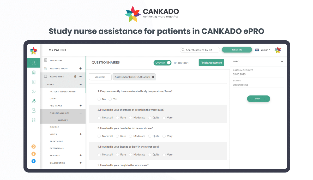 Study nurse assistance for patients in CANKADO ePRO